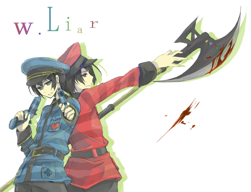 alice_in_the_country_of_the_heart, black_hair, blue_eyes, gun, hat, red_eyes, short_hair, smile
