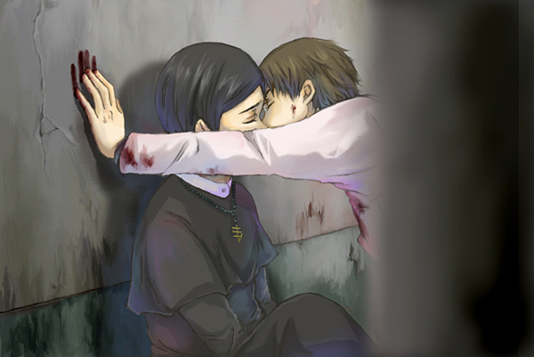 black_hair, blood, brown_hair, couple, doctor, jewelry, kiss, makino_kei