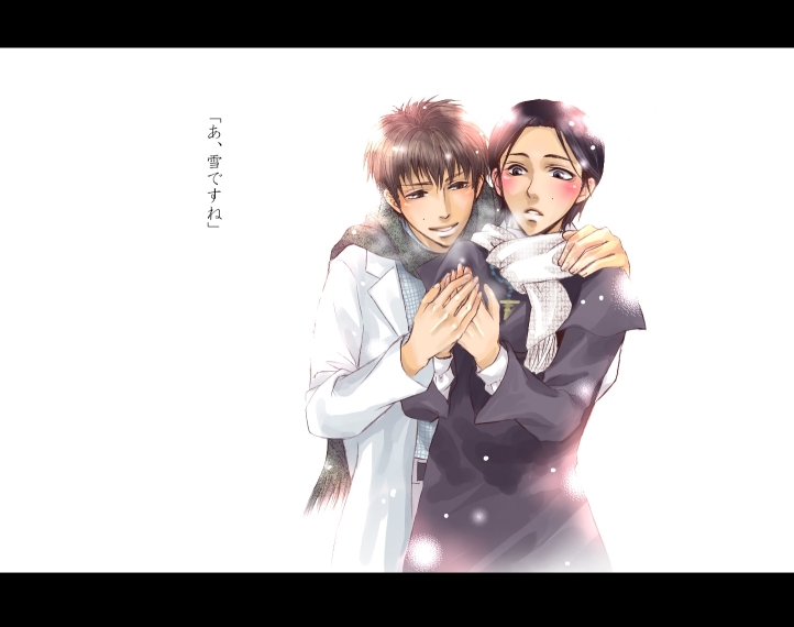 black_eyes, black_hair, blush, brown_eyes, brown_hair, couple, doctor, hand_holding, happy, hug, jewelry, makino_kei, miyata_shiro, priest, scarf, short_hair, siren, snow, twins, winter, yaoi