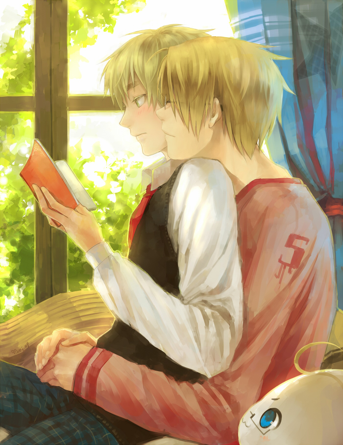 &amp;hat;_&amp;hat;, america, axis_powers_hetalia, blonde_hair, blush, book, couple, green_eyes