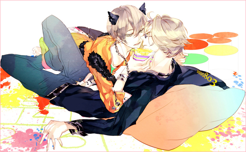 2boys, blonde_hair, cat_ears, durarara!!, glasses, heiwajima_shizuo, jacket, jewlery