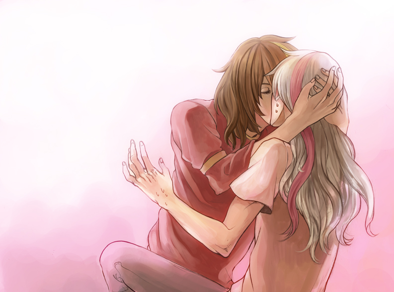 blush, brown_hair, couple, elefseus, hug, kiss, leontius, pants