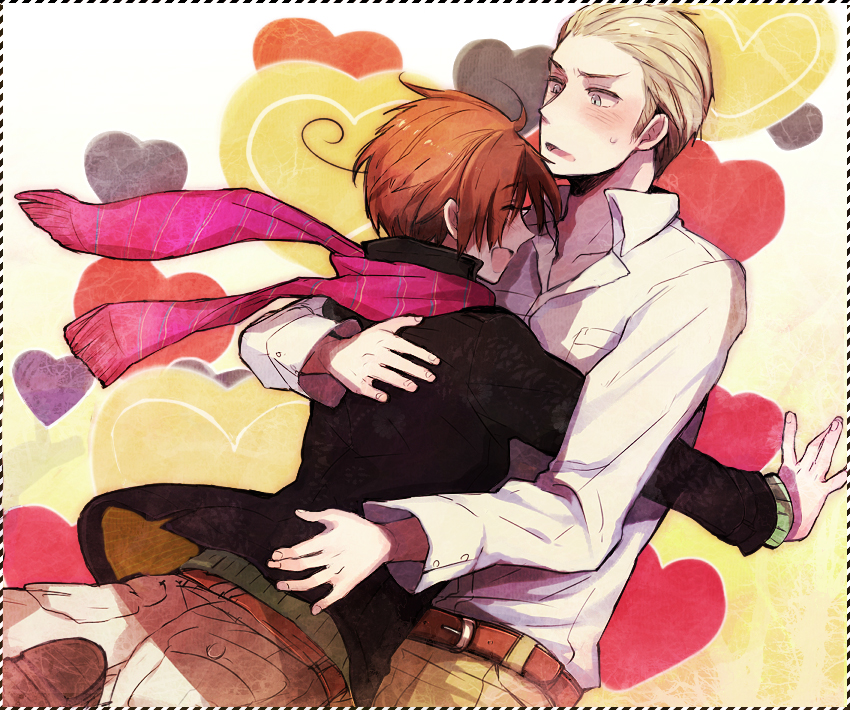 &amp;hat;_&amp;hat;, ahoge, axis_powers_hetalia, blonde_hair, blush, brown_hair, couple, germany