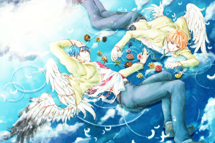 angel_beats!, blue_eyes, blue_hair, flower, hinata, orange_eyes, orange_hair, otonashi