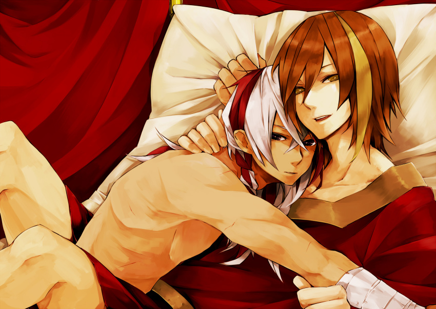 bandage, bed, black_eyes, blonde_hair, brown_eyes, brown_hair, couple, elefseus