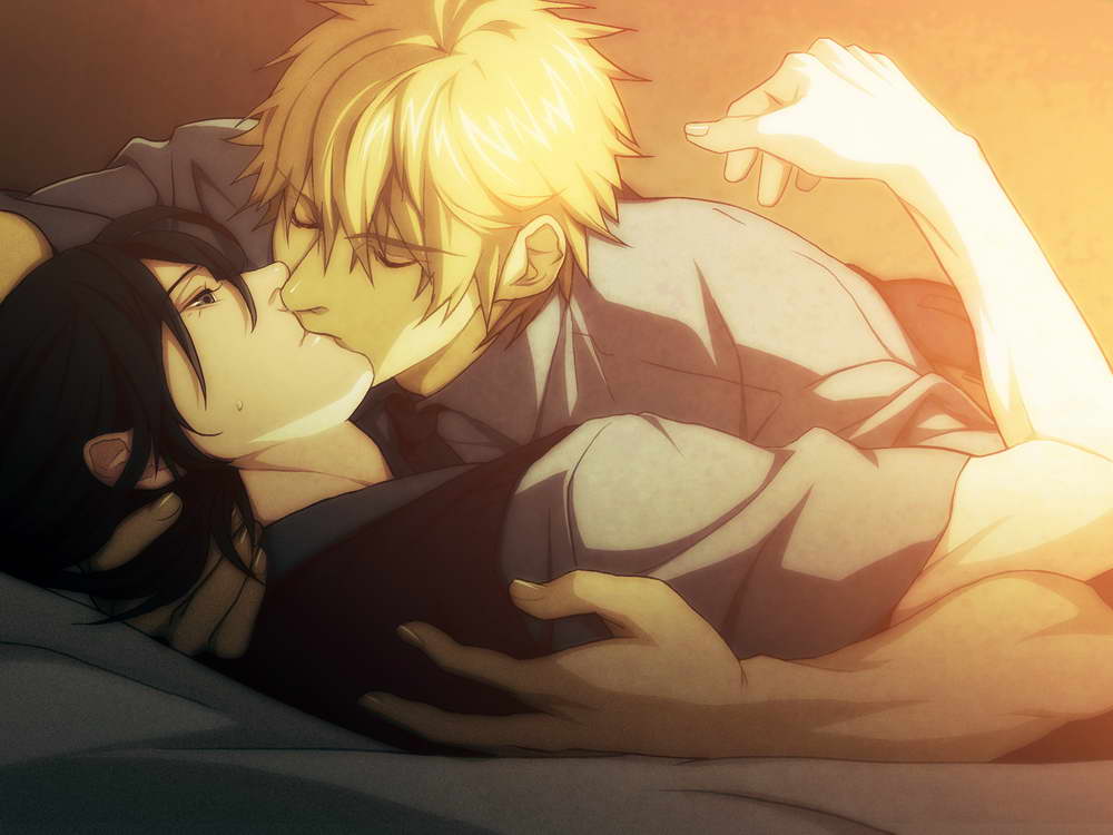 bed, black_hair, blonde_hair, couple, hug, kiss, sakiyama_youji, shironuma_tetsuo, short_hair, sweatdrop, sweet_pool, yaoi