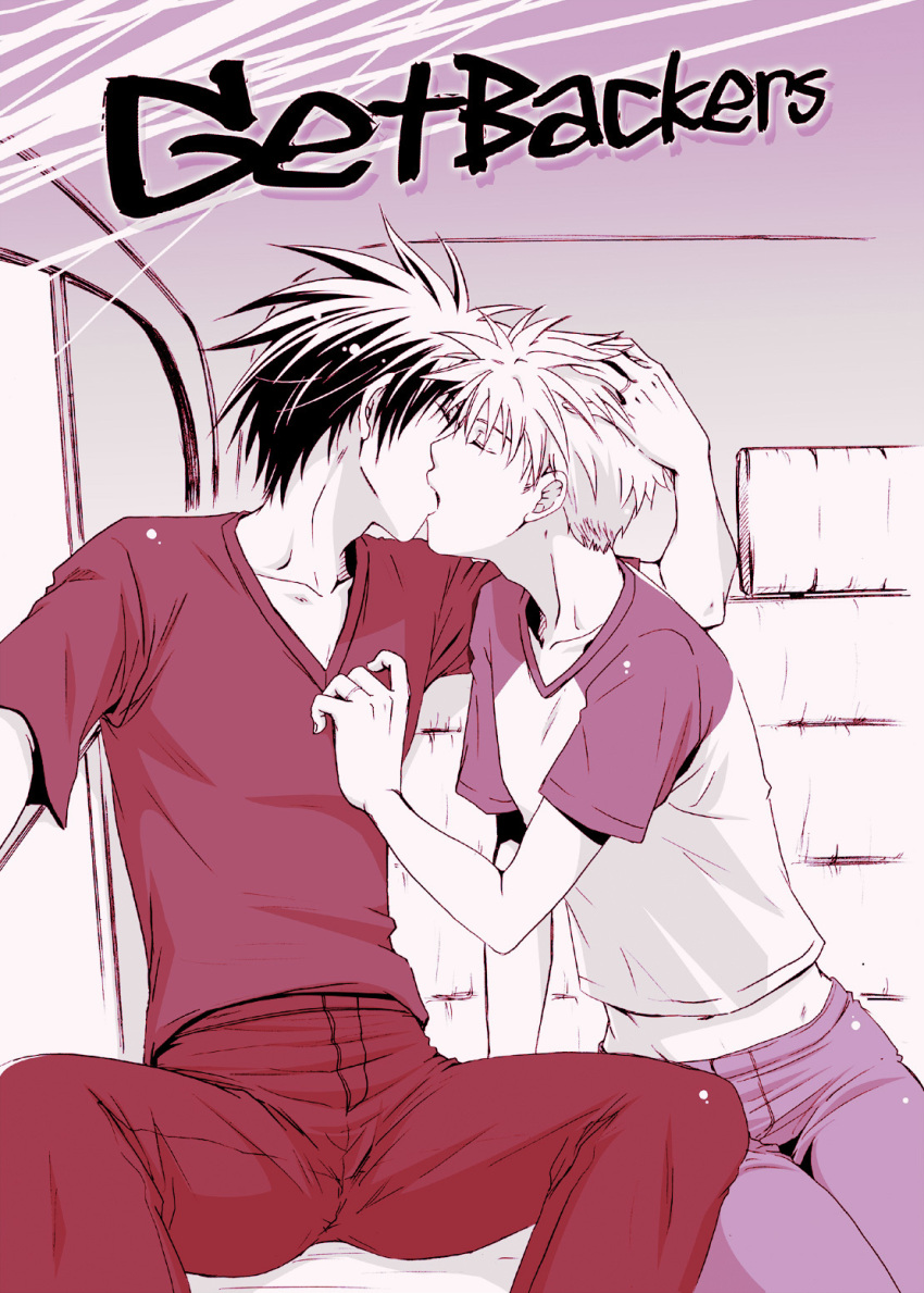amano_ginji, black_hair, couple, getbackers, kiss, midou_ban, pants, short_hair
