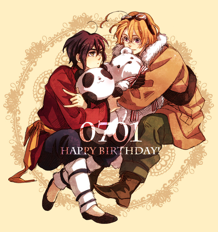 ahoge, axis_powers_hetalia, blonde_hair, boots, brown_hair, canada, chinese_clothes, glasses, goggles, hong_kong, hug, jacket, kumajirou, pants, ribbon, short_hair, stuffed_animal, violet_eyes, yellow_eyes