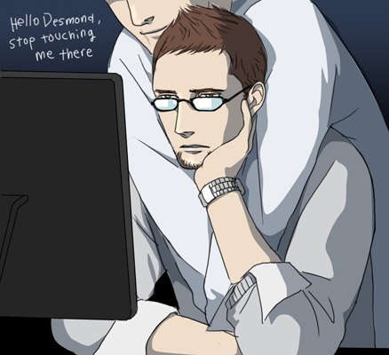 assassin's_creed, brown_hair, computer, desmond_miles, grey_eyes, hug, shaun_hastings, short_hair