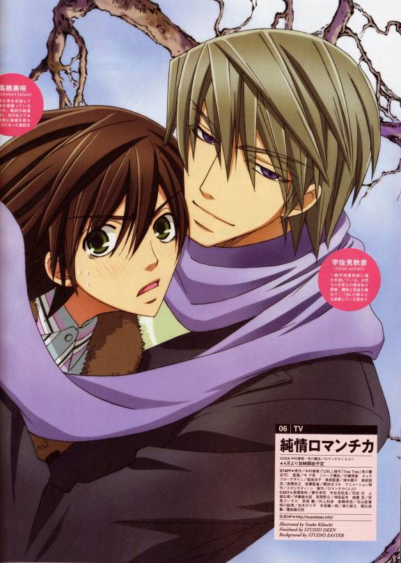 blush, brown_hair, couple, green_eyes, junjou_romantica, official_art, scarf, smile