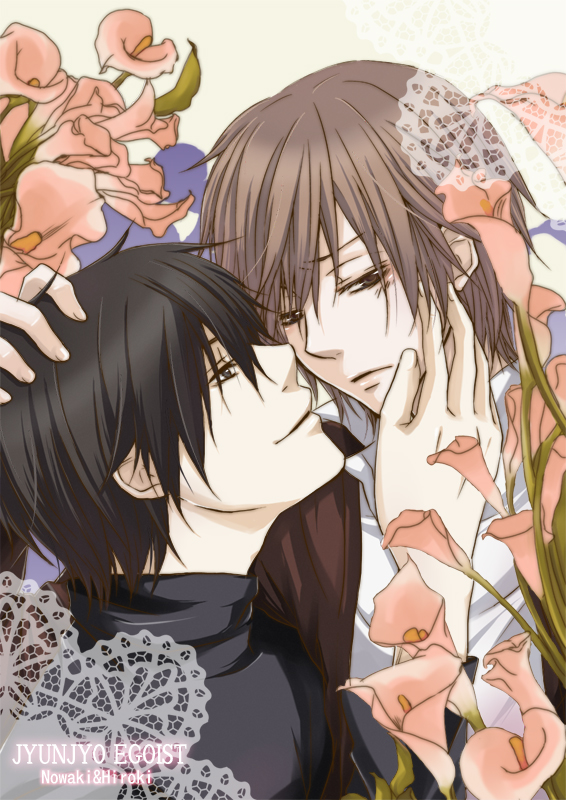 black_eyes, black_hair, blush, brown_eyes, brown_hair, couple, flower, junjou_romantica