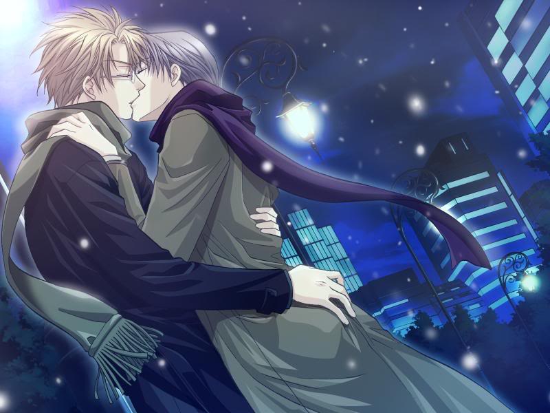 blonde_hair, couple, glasses, grey_hair, hug, jacket, kichiku_glasses, kiss, scarf, short_hair, snow, winter, yaoi