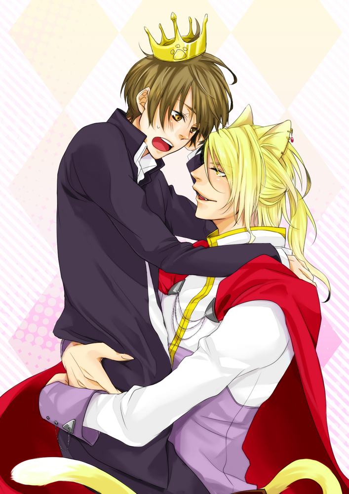 b_prince, blonde_hair, blush, brown_eyes, brown_hair, cape, cat_ears, couple