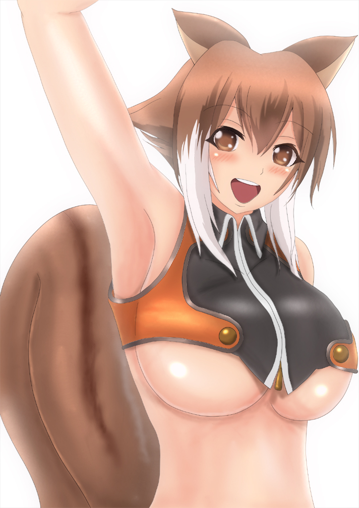 1girl, animal_ears, arm_up, armpits, bare_shoulders, blazblue, blush, breasts