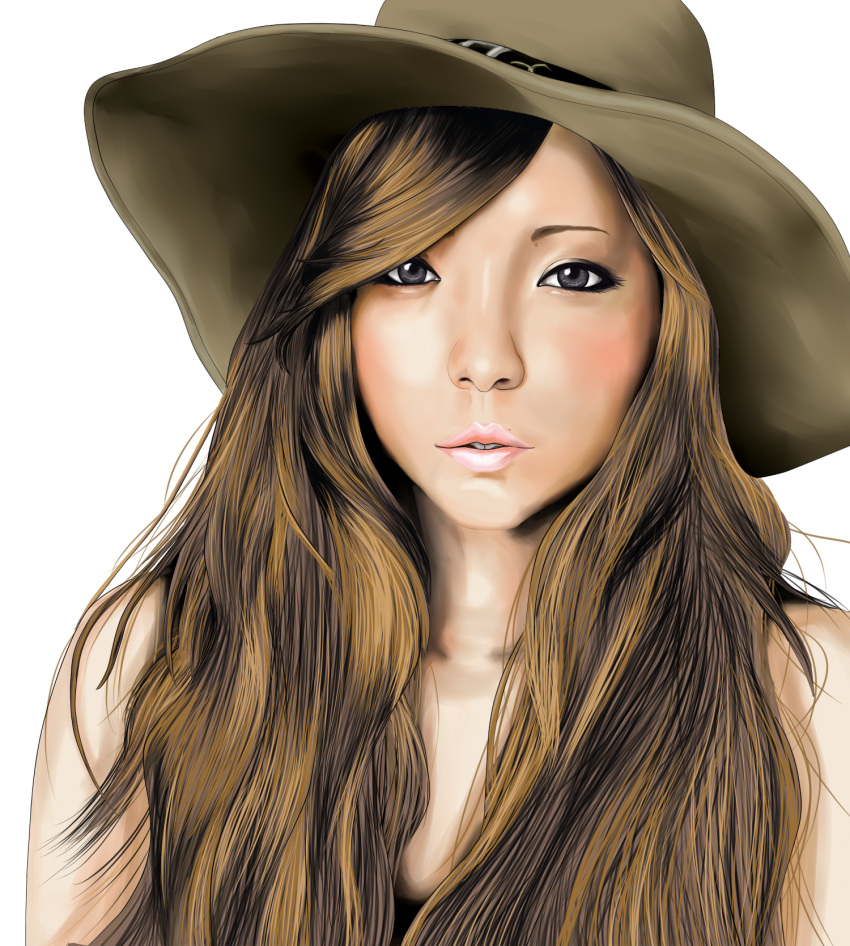 1girl, blush, brown_hair, derivative_work, grey_eyes, hat, highres, lips, long_hair, namie_amuro, real_life, realistic, solo