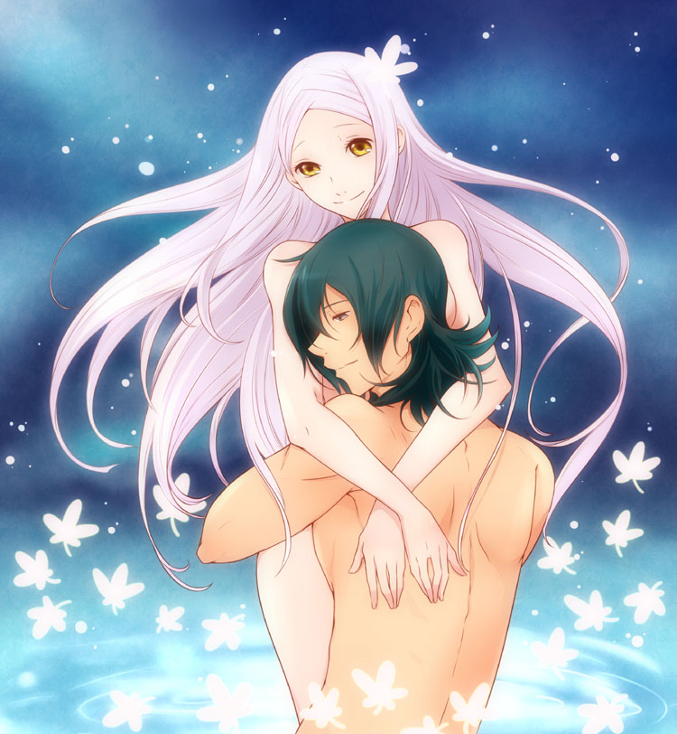 1boy, 1girl, allelujah_haptism, brown_eyes, green_hair, gundam, gundam_00, hug, long_hair, nude, short_hair, silver_hair, smile, soma_peries, taakomaru, yellow_eyes