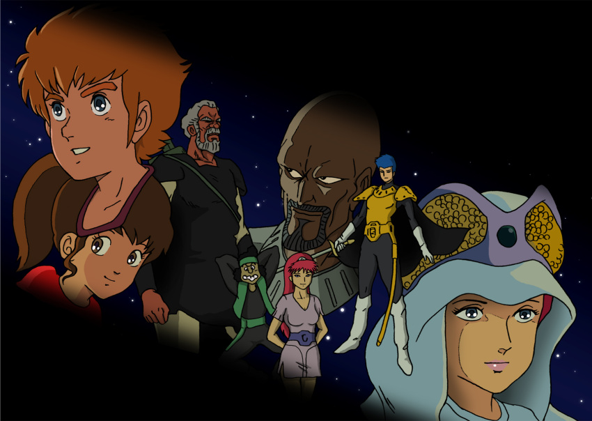 80's, 80s, armor, bald, black_hair, blue_eyes, blue_hair, brown_eyes