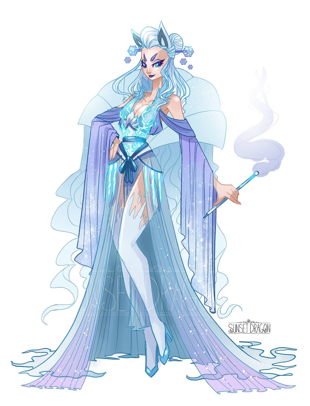 alola, alolan_ninetales, animal_ears, artist_request, blue_eyes, blue_hair, blue_shoes, bun