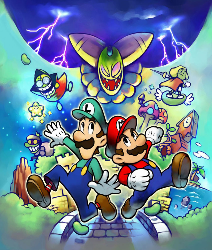 brown_hair, cackletta, fangs, fawful, gloves, luigi, mario, mustache, official_art, popple, super_mario_bros.