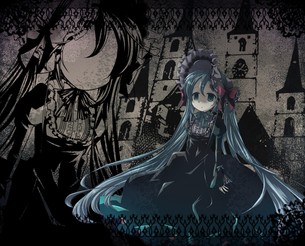 aqua_eyes, aqua_hair, bad_id, dress, empty_eyes, frills, gothic, gothic_lolita