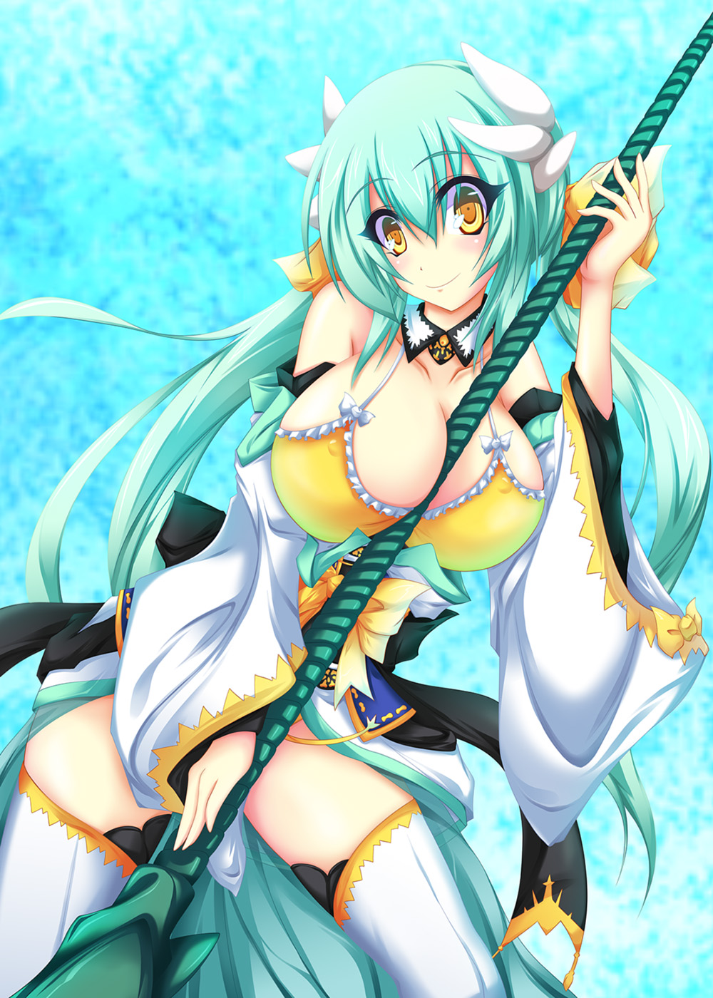 azure_hair, breasts, dy, huge_breasts, staff, yellow_eyes