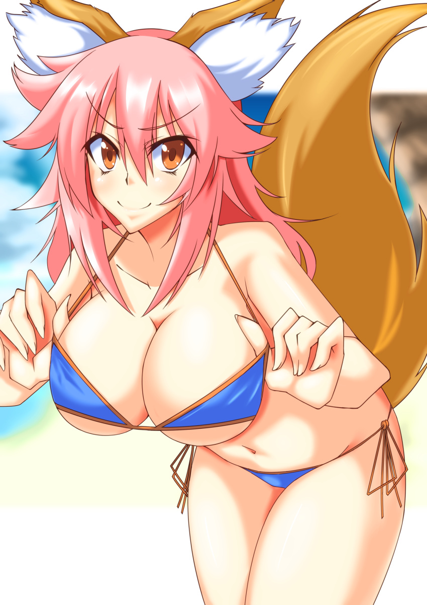 1girl, animal_ears, bikini, breasts, cleavage, collarbone, fate/extra, fate/grand_order