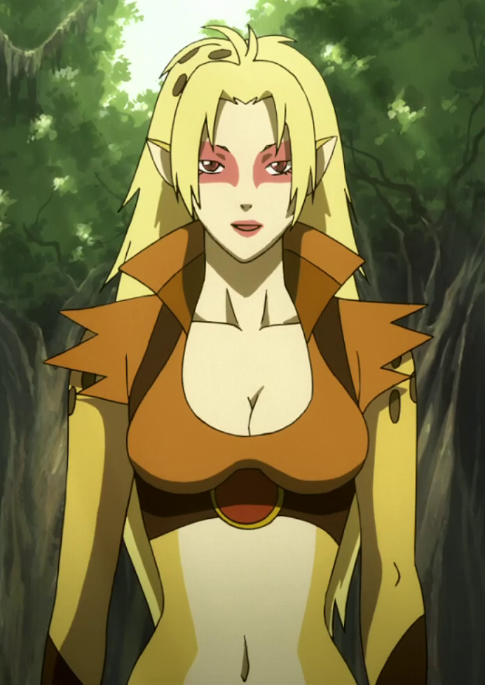 1girl, antenna_hair, blonde_hair, breasts, brown_eyes, cheetara, cleavage, crop_top