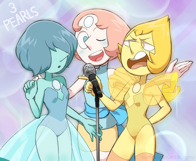3girls, arm_around_shoulder, bangs, blonde_hair, blue_eyes, blue_hair, blue_pearl, blue_pearl_(steven_universe), blue_skin, blush, cowboy_shot, forehead_jewel, hair_over_eyes, kohira-san, leotard, microphone, multiple_girls, music, one_eye_closed, orange_hair, pale_skin, pearl_(steven_universe), sash, see-through, singing, steven_universe, thigh-highs, watermark, wink, yellow_eyes, yellow_pearl, yellow_pearl_(steven_universe), yellow_skin