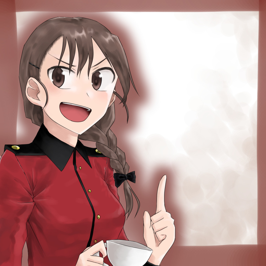 1girl, braid, brown_eyes, brown_hair, cup, epaulettes, girls_und_panzer, hair_over_shoulder