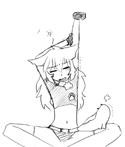 1girl, animal_ears, camel_(dansen), midriff, monochrome, puki_(dgallon), sachiho, stretch