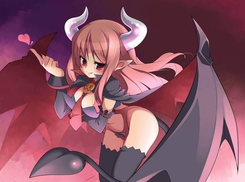black_legwear, breasts, cleavage, demon_girl, demon_tail, demon_wings, disgaea, heart, horns, kokka_han, long_hair, makai_senki_disgaea, makai_senki_disgaea_3, necktie, pointy_ears, red_eyes, red_hair, redhead, smile, succubus, succubus_(disgaea), tail, thigh_highs, thighhighs, wings