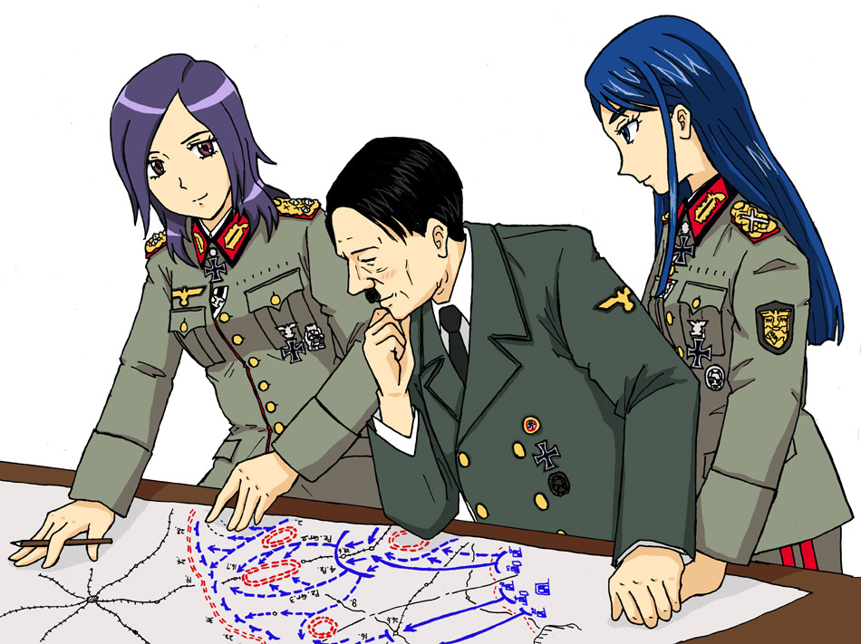1boy, 2girls, adolf_hitler, black_hair, blue_eyes, blue_hair, blush, crapgame, cross, facial_hair, fresh_precure!, hand_holding, higashi_setsuna, iron_cross, long_hair, map, medal, military, military_uniform, minazuki_karen, multiple_girls, mustache, nazi, precure, purple_hair, real_life, real_life_insert, short_hair, uniform, what, yes!_precure_5