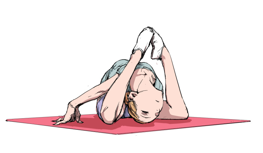 1girl, arched_back, arm_support, backbend, contortion, female, flexible, on_floor, orange_hair, simple_background, solo, tnsdl85, white_background, yoga