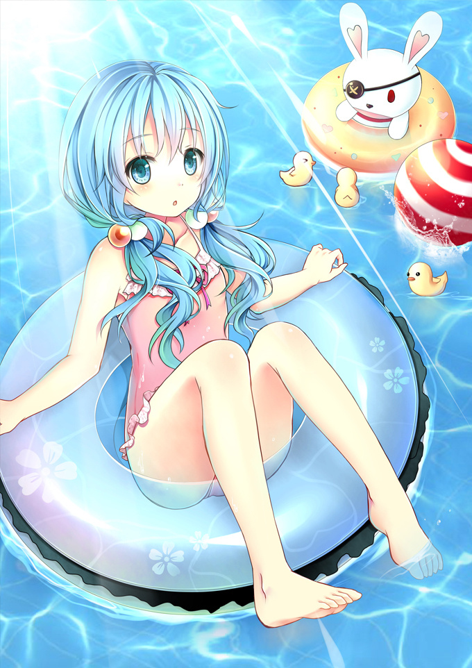 1girl, barefoot, blue_hair, date_a_live, duck, feet, gyaza, swimsuit