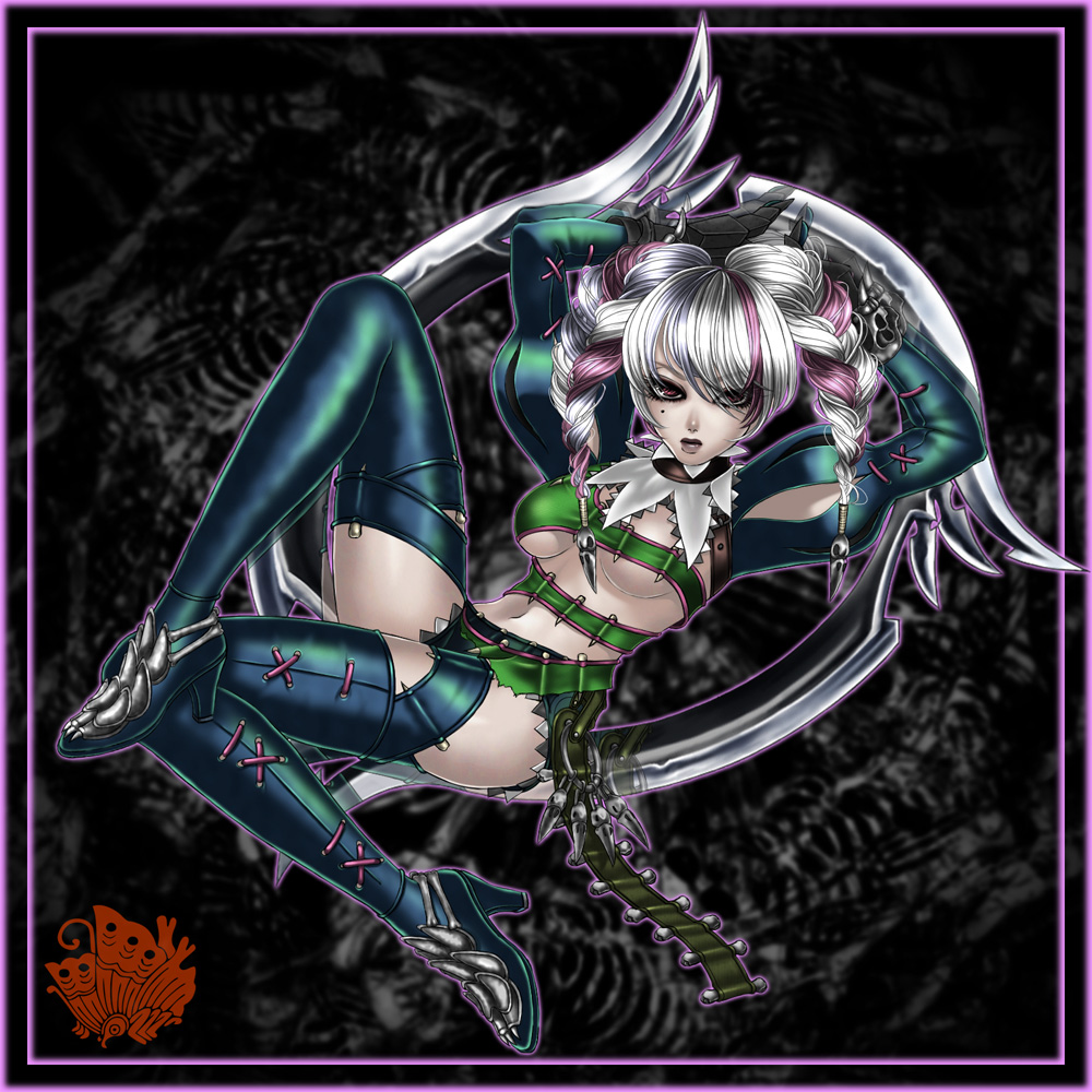 1girl, blade, brown_eyes, full_body, gloves, high_heels, looking_at_viewer, makeup
