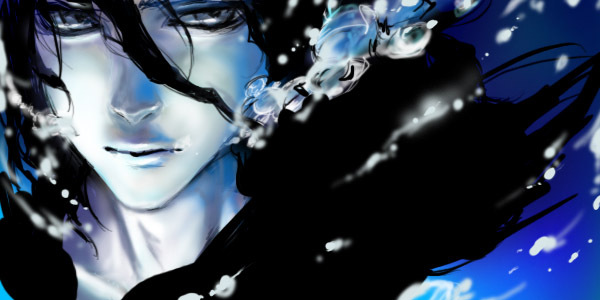 1boy, black_hair, bleach, blue_eyes, closed_mouth, hatabolic, hood, hoodie, looking_at_viewer, male_focus, pale_skin, personification, solo, tensa_zangetsu, underwater, water