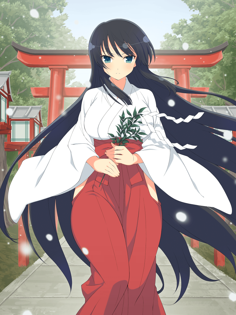 1girl, black_hair, blue_eyes, ikaruga_(senran_kagura), japanese_clothes, long_hair, official_art, senran_kagura