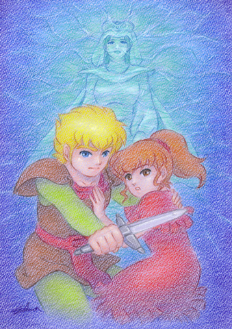 1boy, 2girls, 80s, blonde_hair, blue_eyes, brown_eyes, brown_hair, chururu