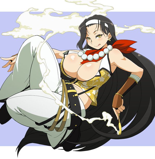 1girl, belt, black_hair, breasts, brown_eyes, cleavage, haganemaru_kennosuke, jasmine_(senran_kagura), jewelry, large_breasts, long_hair, looking_at_viewer, midriff, necklace, pipe, senran_kagura, senran_kagura_(series), smoking_pipe, solo