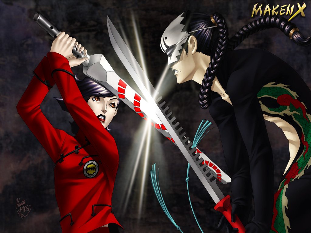 1999, 1boy, 1girl, 90s, artist_name, black_hair, braid, clash, clenched_teeth, kazuma_kaneko, maken_x, mask, official_art, orange_eyes, ponytail, sagami_kei, sword, teeth, weapon