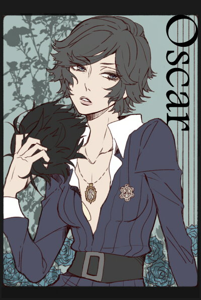 1boy, androgynous, belt, black_hair, blue_eyes, breast_padding, character_name, collarbone
