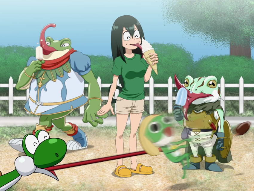 10o, 1girl, 90s, ^_^, alien, asui_tsuyu, bangs, boku_no_hero_academia, breath_of_fire, breath_of_fire_ii, chrono_trigger, closed_eyes, creature, eating, ekaru_hoppe_de_pe_tapeta, food, frog, huge_tongue, ice_cream, juu_o, juuo, kaeru_(chrono_trigger), keroro, keroro_gunsou, licking, long_hair, long_tongue, motion_blur, multiple_crossover, outdoors, picket_fence, shield, shirt, shorts, super_mario_bros., sword, t-shirt, tongue, tongue_out, trait_connection, tree, weapon, yoshi