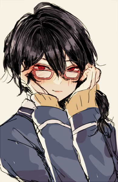 1boy, androgynous, black_hair, blush, closed_mouth, ensemble_stars!, glasses, looking_at_viewer