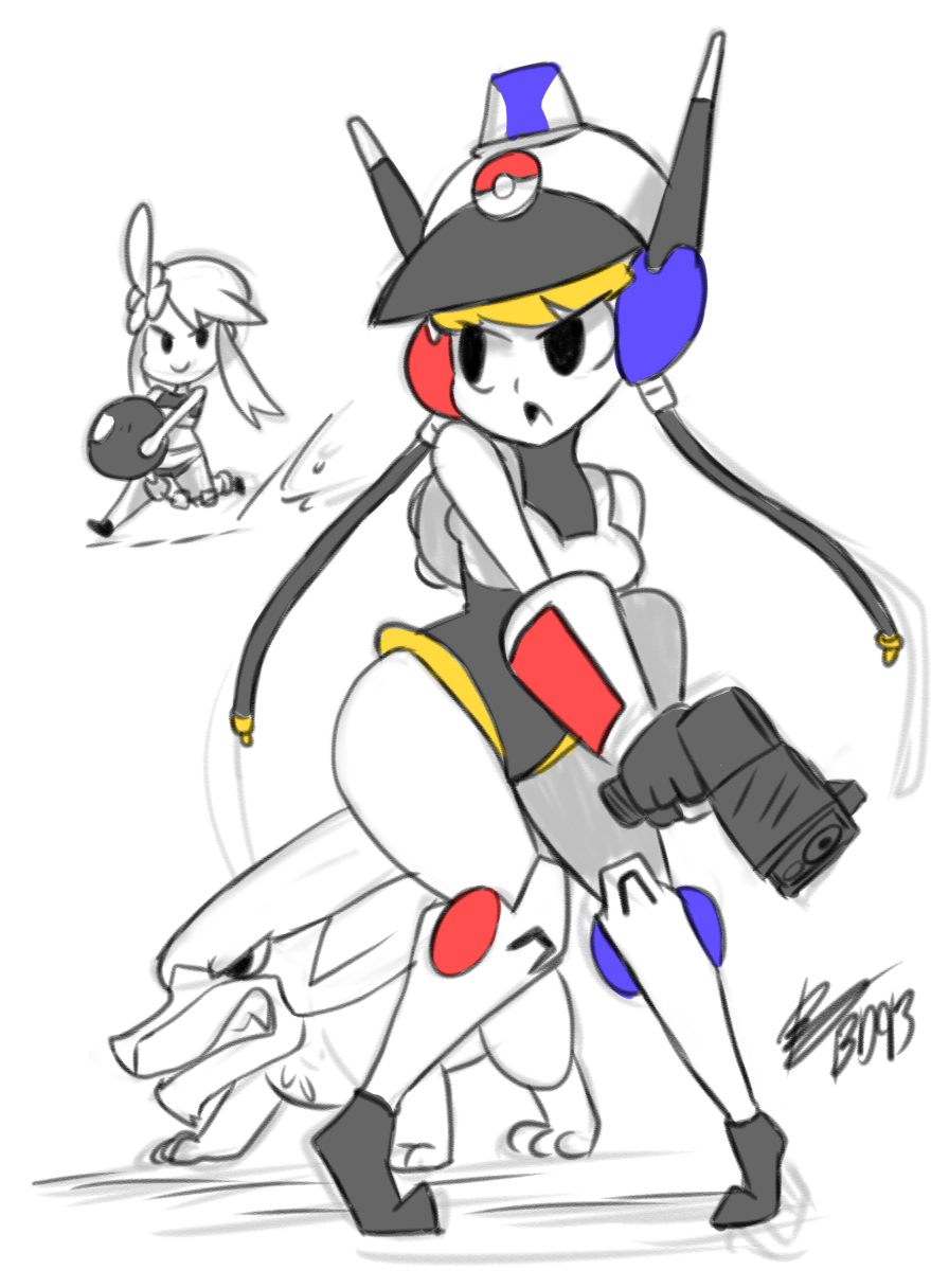 2girls, bigdead93, blonde_hair, bodysuit, breasts, chibi, cosplay, electrike, female, fuuro_(pokemon), gun, gym_leader, helmet, kamitsure_(pokemon), leotard, multiple_girls, nintendo, parody, partially_colored, patricia_wagon, patricia_wagon_(cosplay), pokemon, ponytail, smile, thick_thighs, thighs, wayforward, weapon, white_background, wide_hips
