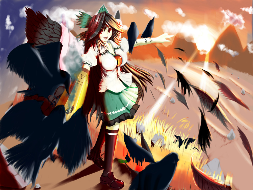 animal, bird, bird_on_arm, crow, fang, highres, intel, reiuji_utsuho