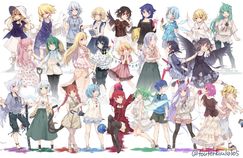 6+girls, :o, adjusting_clothes, adjusting_hat, akuma_no_riddle, alice_margatroid, alternate_costume, alternate_eye_color