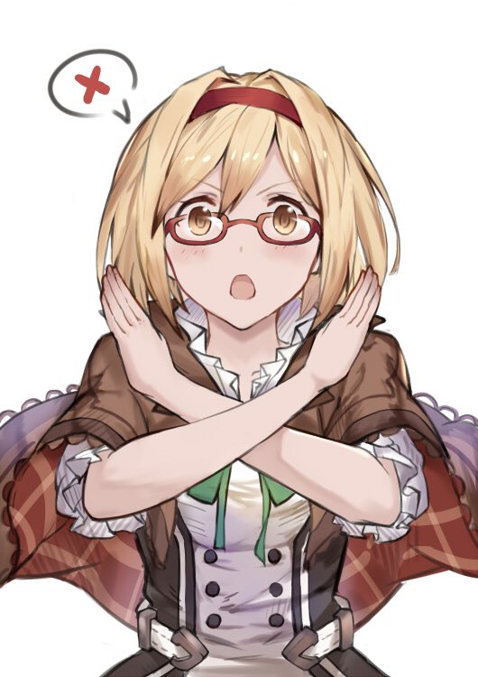 1girl, alchemist_(granblue_fantasy), bespectacled, blonde_hair, blush, brown_eyes, buttons, capelet