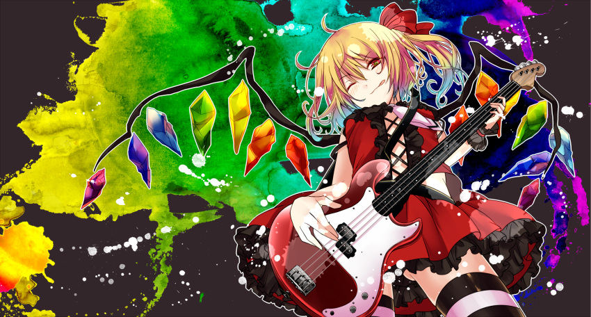 1girl, ;q, ascot, bass_guitar, blonde_hair, bow, cross-laced_clothes, electric_guitar
