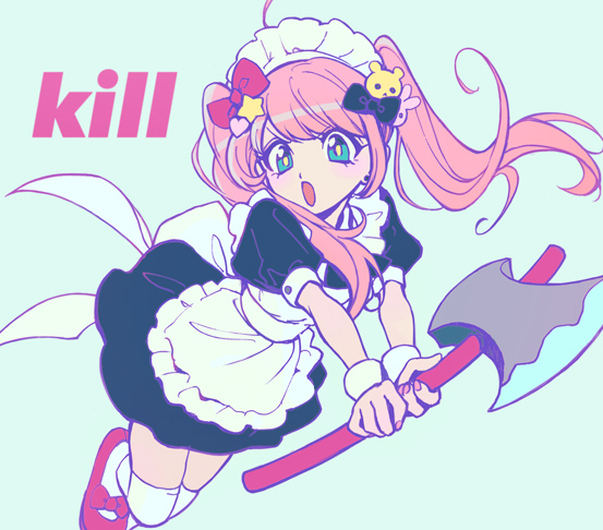 1girl, :o, ahoge, akiyamabc, apron, aqua_eyes, axe, bangs