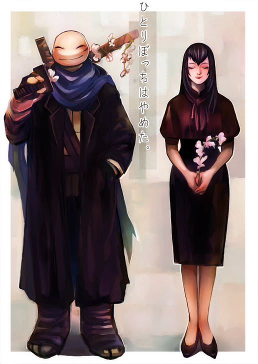 1boy, 1girl, alternate_costume, alternate_hairstyle, dress, flower, hand_in_pocket, karai